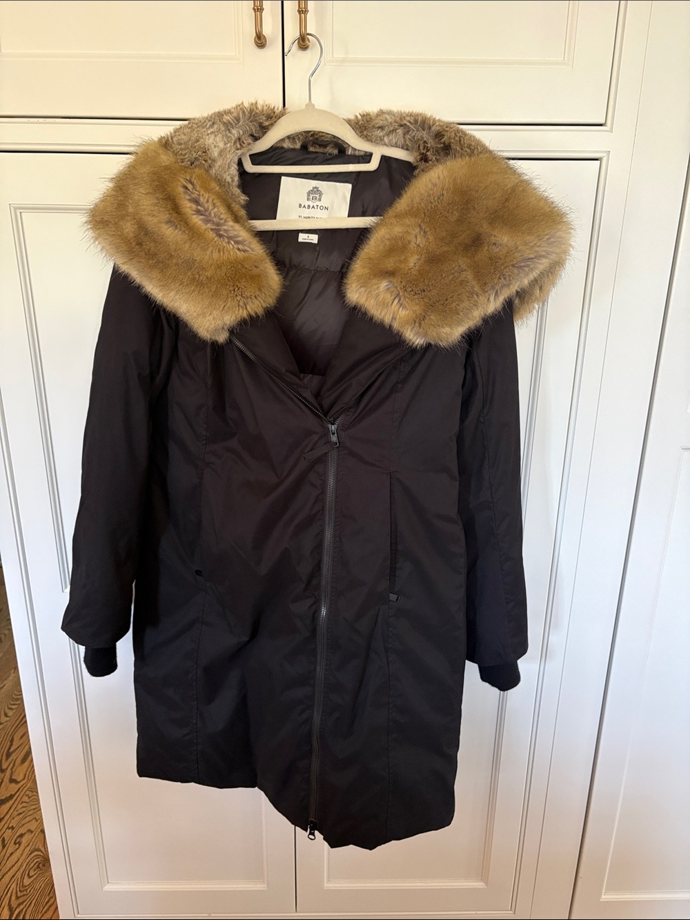 Babaton Black St Moritz Puffer Coat with Tan Faux-Fur Hood Trim